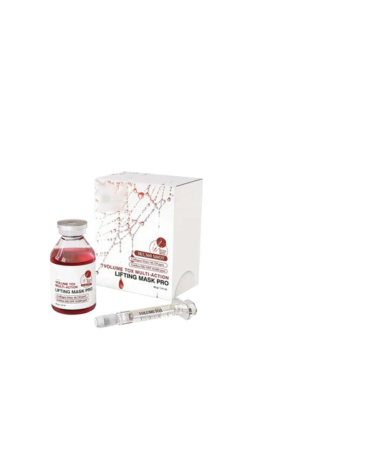 Skincare product set with bottle, box, and syringe 