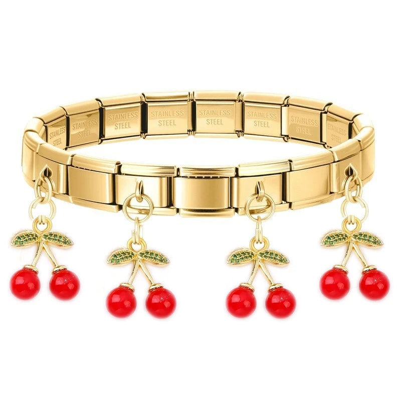 Geometric Square Stainless Steel Elastic Strap Bangle Bracelets for Women Strawberry Cherry Pendant Bracelets Hand Jewelry Gift