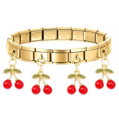 Geometric Square Stainless Steel Elastic Strap Bangle Bracelets for Women Strawberry Cherry Pendant Bracelets Hand Jewelry Gift