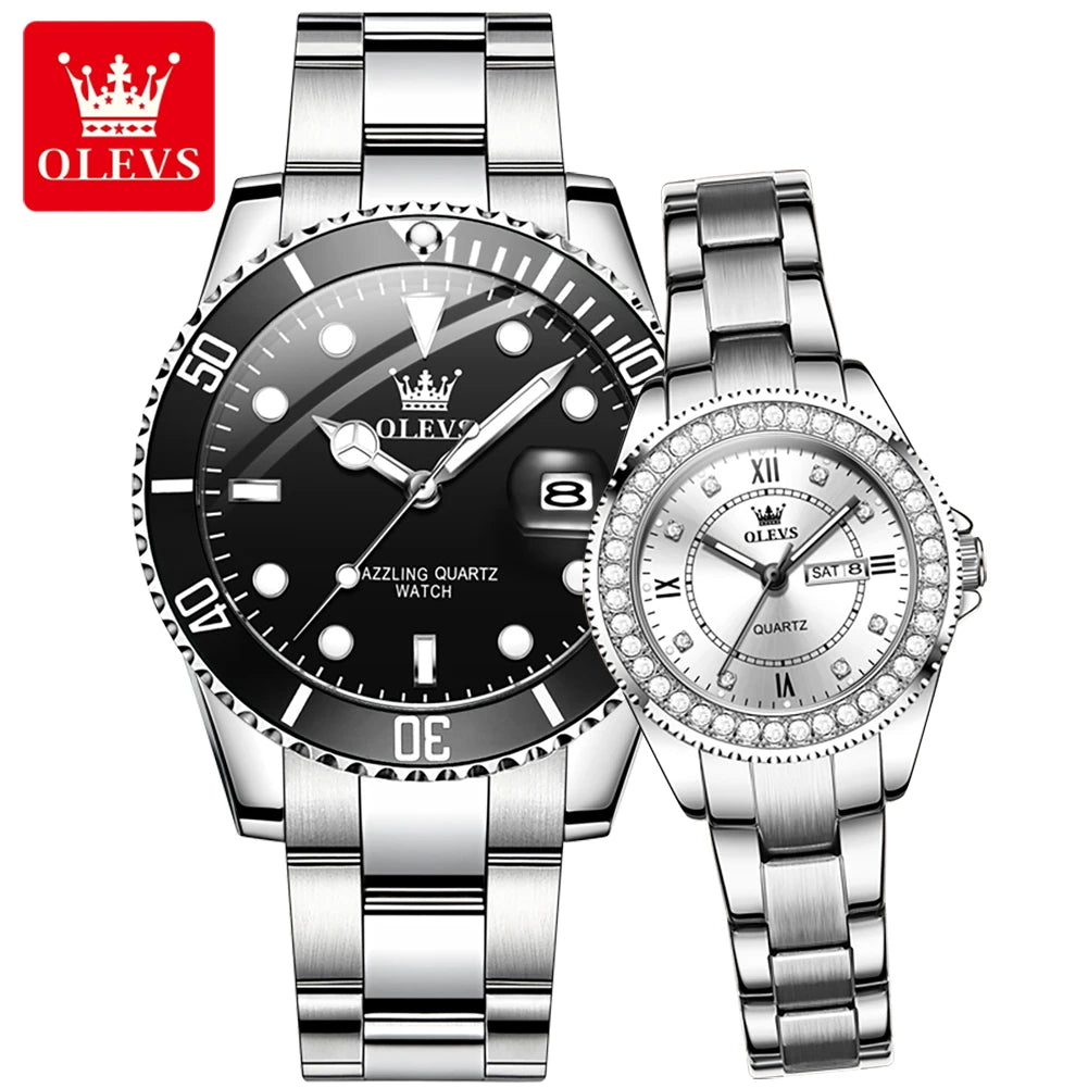 OLEVS Couple Watch Luxury Top Original Quartz Watches Stainless Steel Lover's Wristwatch for Men Women Green Water Ghost Series