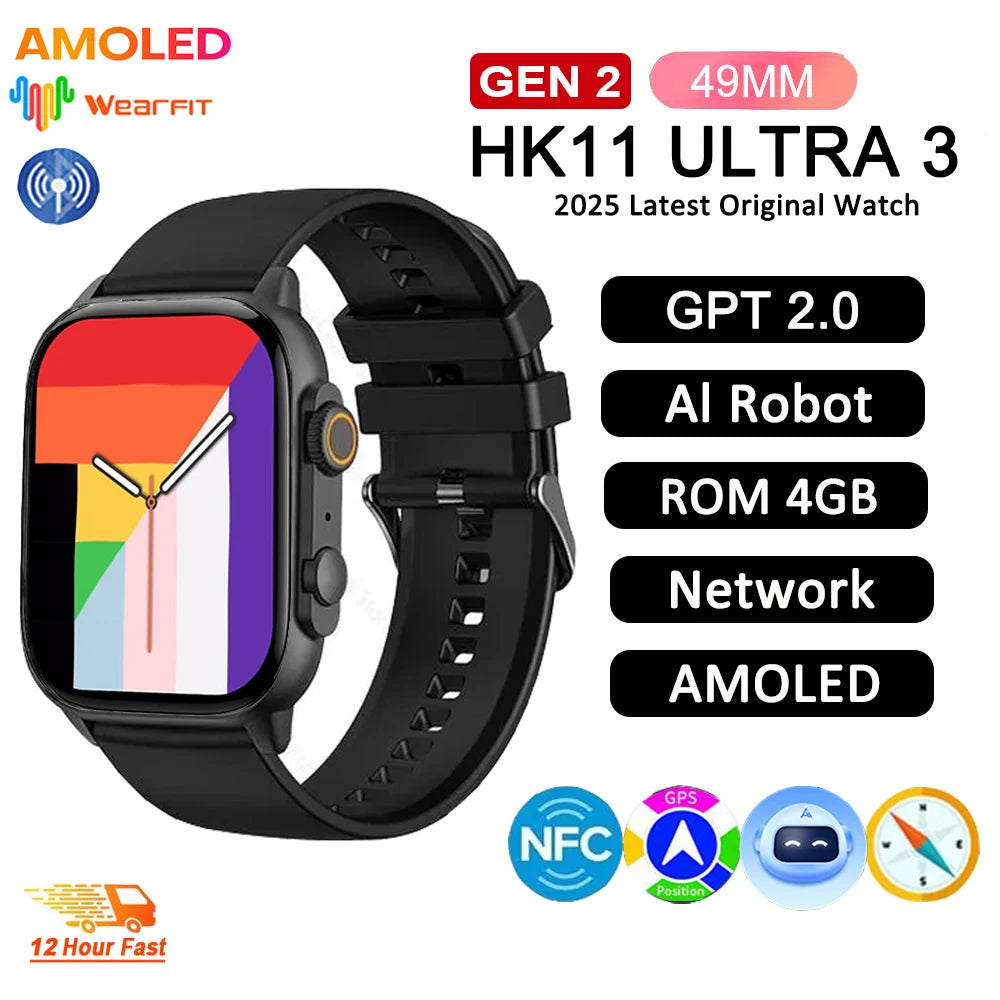 2025 HK11 ULTRA 3 Smartwatch 49mm HD AMOLED 4G ROM Bluetooth Network ChatGPT Call Robot Clock NFC Compass Men Women Smart Watch