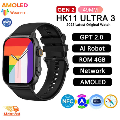 2025 HK11 ULTRA 3 Smartwatch 49mm HD AMOLED 4G ROM Bluetooth Network ChatGPT Call Robot Clock NFC Compass Men Women Smart Watch