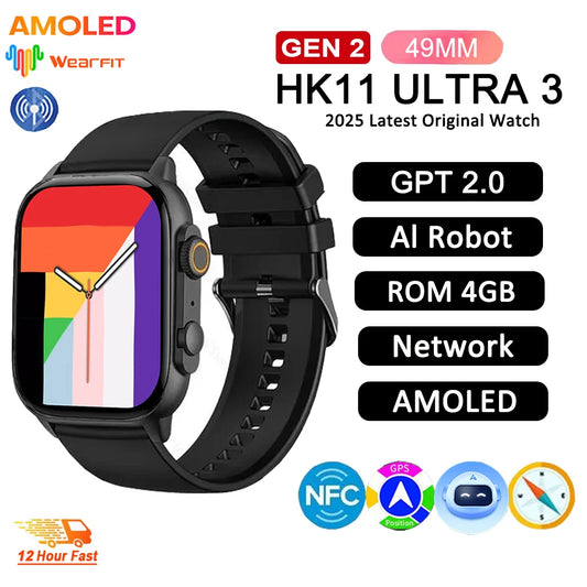 2025 HK11 ULTRA 3 Smartwatch 49mm HD AMOLED 4G ROM Bluetooth Network ChatGPT Call Robot Clock NFC Compass Men Women Smart Watch