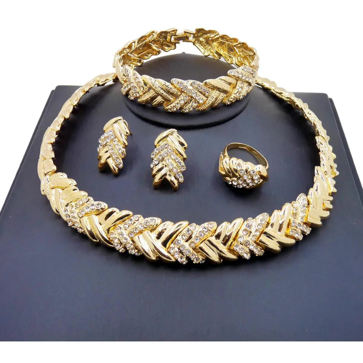18K Gold Plated Crystal Rhinestone Necklace & Earrings Jewelry Set for Women