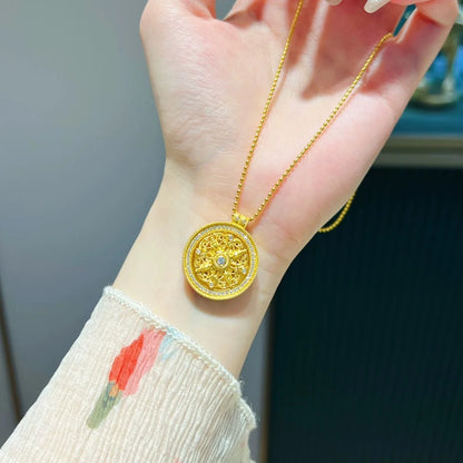 9999 24K real gold rotatable four-sided blessing diamond inlaid eight treasure compass necklace ancient Chinese women's jewelry