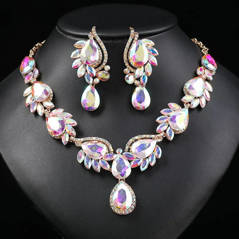New Style Gorgeous Colorful Crystal Rhinestone Lucky Necklace Earring Set Wedding Party Costume Jewellery