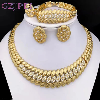 High Quality Dubai Gold Plated Jewelry Set For Women Luxury Design Spike Necklace Earrings Bracelet Ring For Weeding Party Gift
