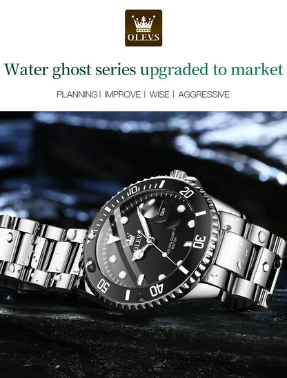 OLEVS 5885 Men's Watches Business Stainless Steel Strap Green Quartz Watch Waterproof Calendar Luminous High Quality Wristwatch