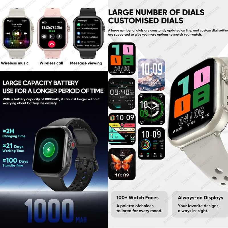 For Apple Watch Ultra 2 1000 mAh Smart Watch Men Women 1.85-inch HD Full Touch Screen IP68 Waterproof Bluetooth Call Smartwatch