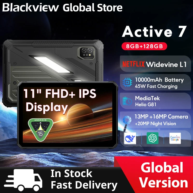 Blackview Active 7 RuggedTablet 11-inch  FHD+ Display Octa-core Android IP68&IP69K 10000mAh 45W Charger Outdoor Pad PC