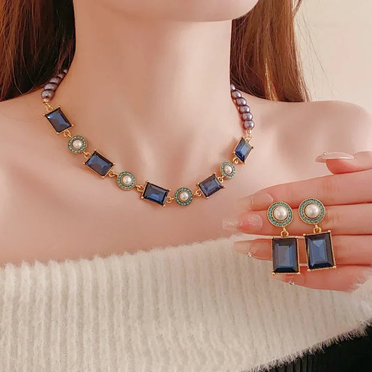 Dark Blue Rhinestone Square Pearl Necklace Earring for Women Medieval Vintage Collarbone Chain Exquisite Sparkle Jewelry Sets