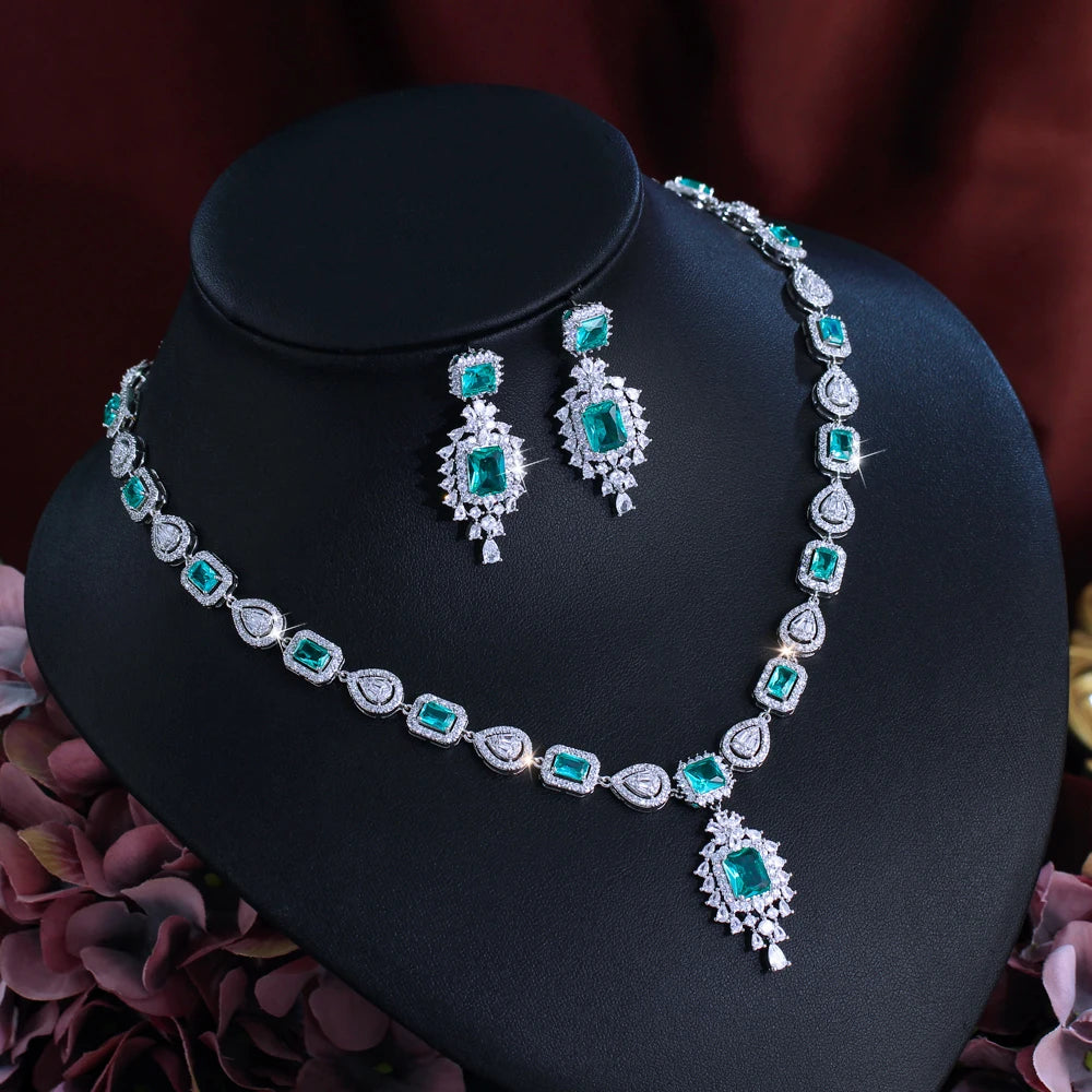 CWWZircons Fringed Drop Full Luxurious Cubic Zirconia Paved Women Wedding Big Necklace Earring Dress Jewelry Set for Brides T630