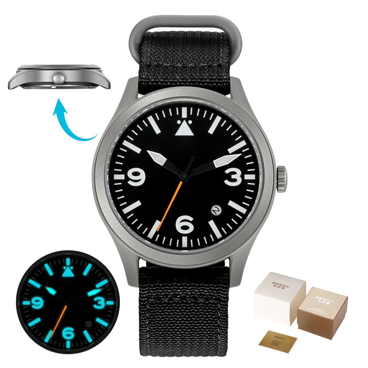 BERNY Pilot Titanium Automatic Watch for Men Sapphire AR Coated 10Bar Supper Luminous Men Wristwatch Sports Aviation Men Watches