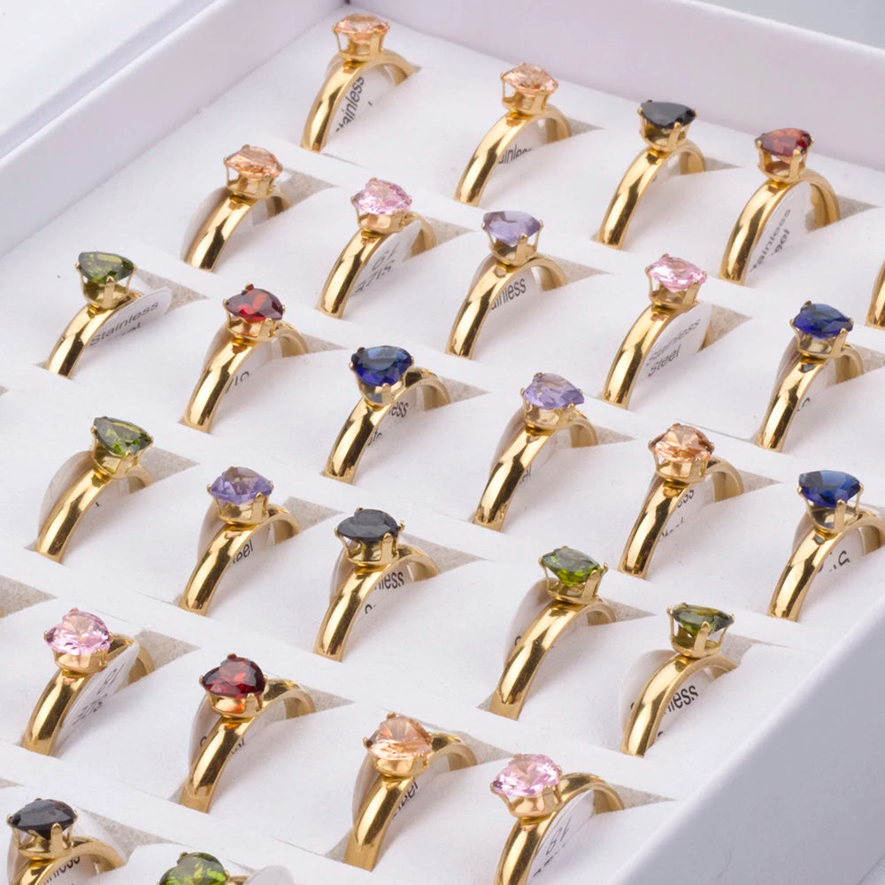 36Pcs/lot Fashion Stainless Steel Zircon Heart Love Rings For Women Mix Style Wedding Engagement Jewelry