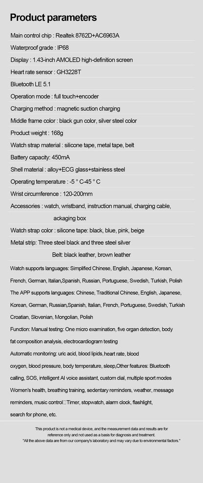 2025 New Men Health Expert Smart Watch Blood Pressure Blood Lipid Uric Acid ECG+PPG Body Temperature NFC HD Bluetooth Call Watch