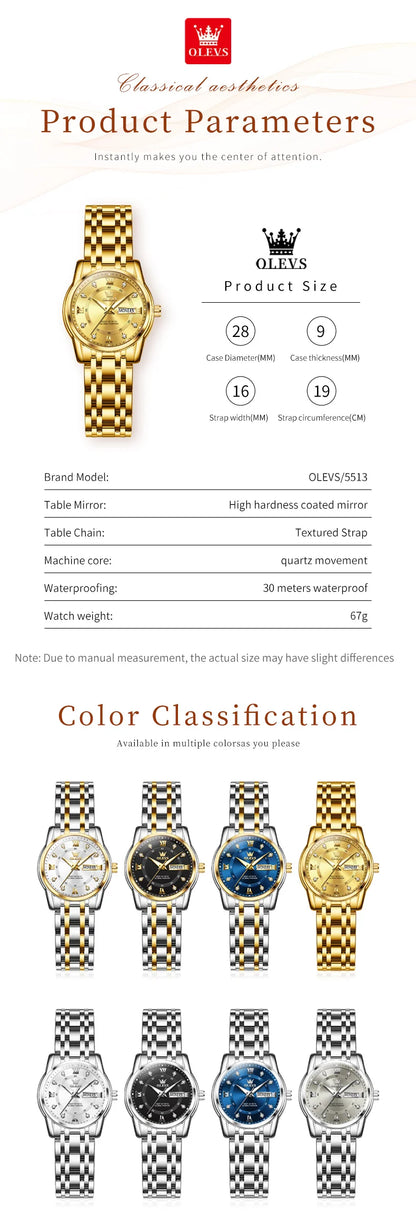 OLEVS Best Selling Fashion Stainless Steel Quartz Ladies Watch Luxury Dual Calendar Luminous Waterproof Elegant Watch for Women