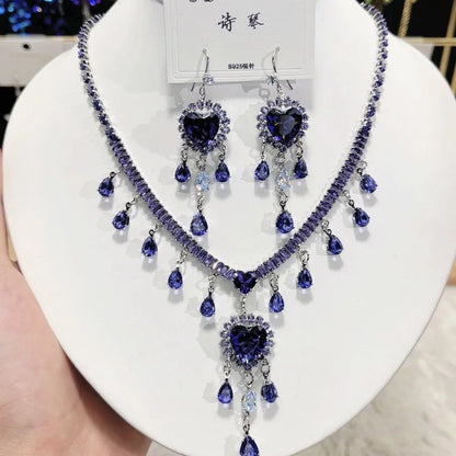 Multicolor Waterdrop Tassel Zirconia Necklace Earrings Women New Silver Color Bridal Wedding Fashion Jewelry Set Party Gifts