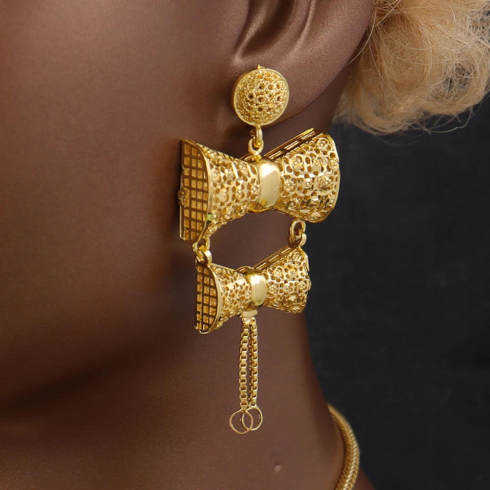 Saudi Arabia 24K Gold Color Jewelry Sets Ethiopia Wedding Necklace Earring Brazilian Arab Bridal Luxury Set Party Gift Two-Piec