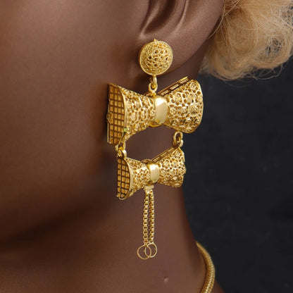 Saudi Arabia 24K Gold Color Jewelry Sets Ethiopia Wedding Necklace Earring Brazilian Arab Bridal Luxury Set Party Gift Two-Piec