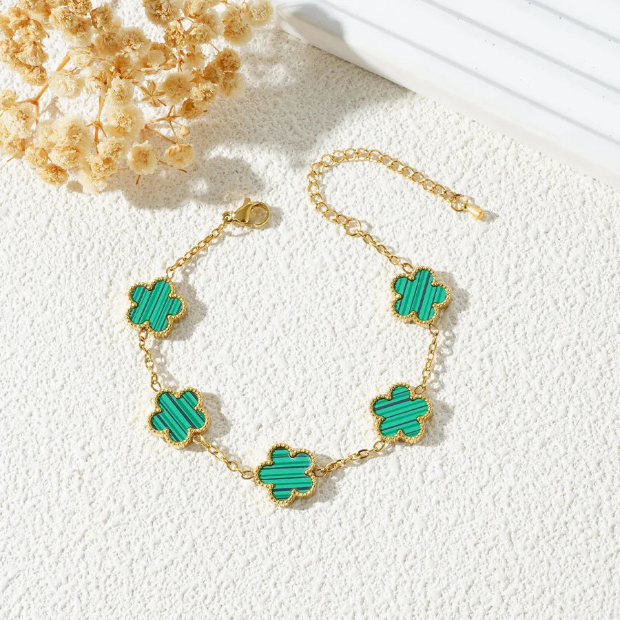 Stainless Steel Bracelet Double Sided Five Leaf Petals Flower Gold Plated Clover Women Fashion Jewelry