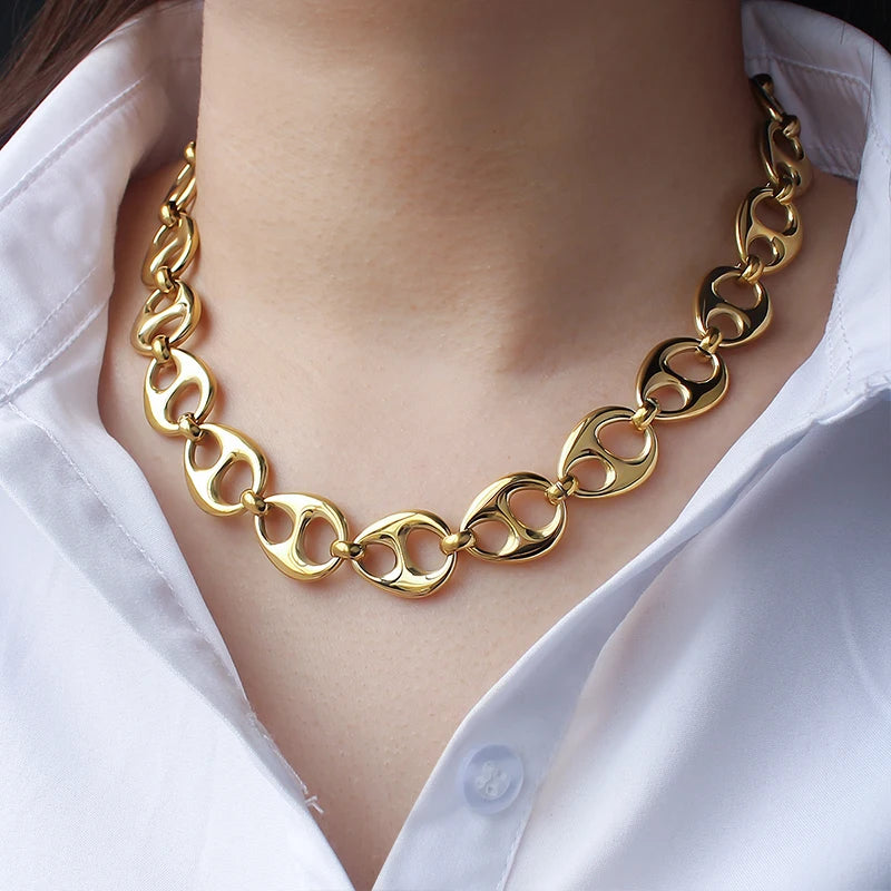 Stainless Steel Oval Button Links Pendant Necklace Choker Gold Color Statement Necklace 15mm Wide Fashion Modern Party Jewelry