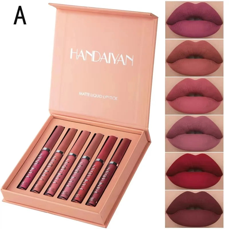 6PCS HANDAIYAN Liquid Lipstick Set – Matte Finish, Long-Lasting, Non-Stick Lip Gloss, Waterproof Lip Makeup Gift Box for Women