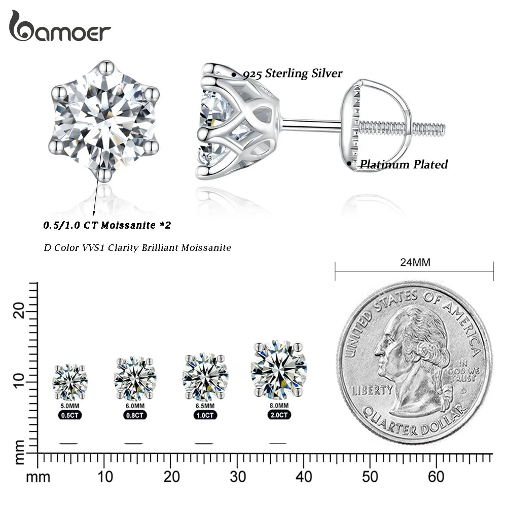 BAMOER Classic Moissanite Stud Earrings, S925 Silver 6 Prongs D Color Round Cut Lab Created Diamond Wedding 18k Gold Earrings