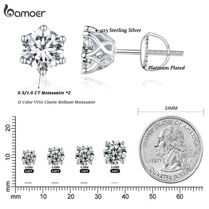 BAMOER Classic Moissanite Stud Earrings, S925 Silver 6 Prongs D Color Round Cut Lab Created Diamond Wedding 18k Gold Earrings