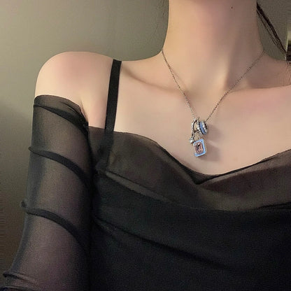 Sweet Kpop Colored Zircon Square Rhinestone Pendant Necklace For Women Y2K Korean Fashion Hoop Metal Choker Collar Jewelry Gift