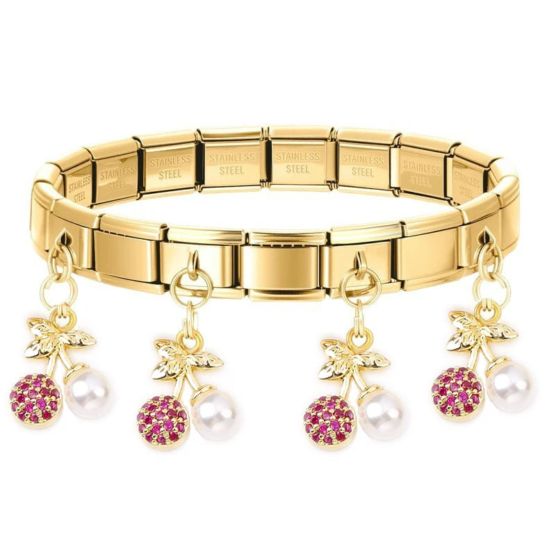 Geometric Square Stainless Steel Elastic Strap Bangle Bracelets for Women Strawberry Cherry Pendant Bracelets Hand Jewelry Gift