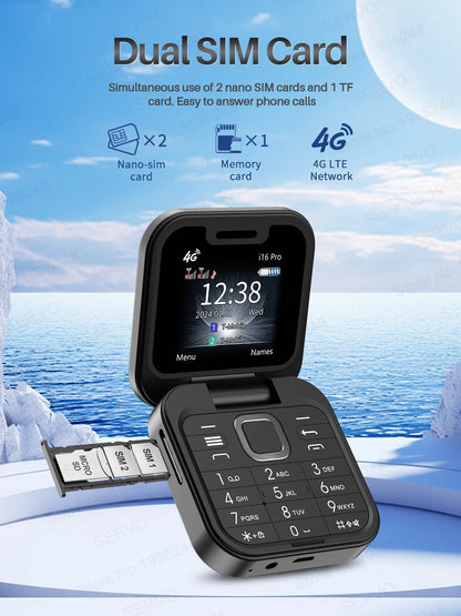 SERVO i16 Pro 2G GSM/4G LTE Network Small Flip Mobile Phone 2 SIM Standby Call Recording Speed Dial 1.77" Mini Folding Cellphone