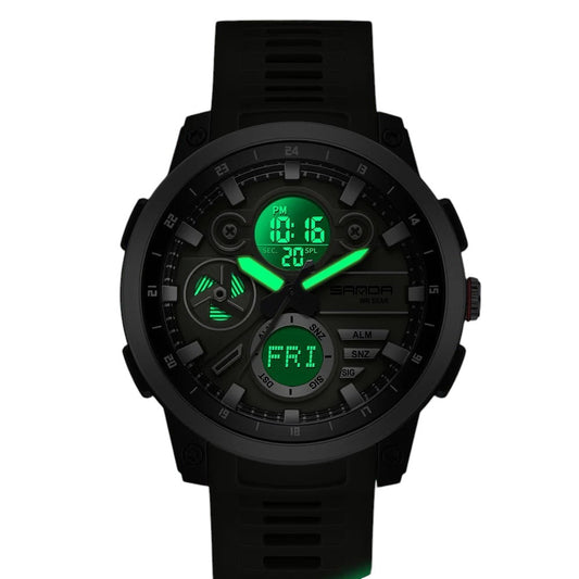 Gadget Gate International SANDA men's black sport watch with dual analog-digital display and glowing luminous hands