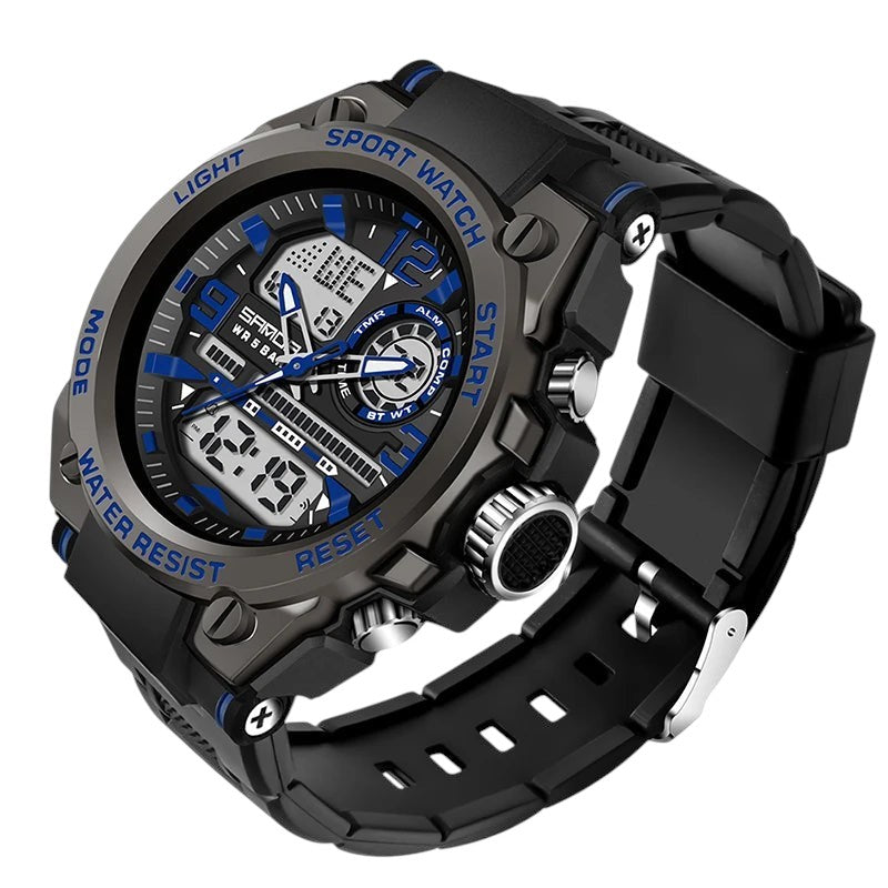 Gadget Gate International SANDA military sports watch with black and blue dual display and durable ribbon strap