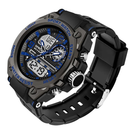 Gadget Gate International SANDA military sports watch with black and blue dual display and durable ribbon strap