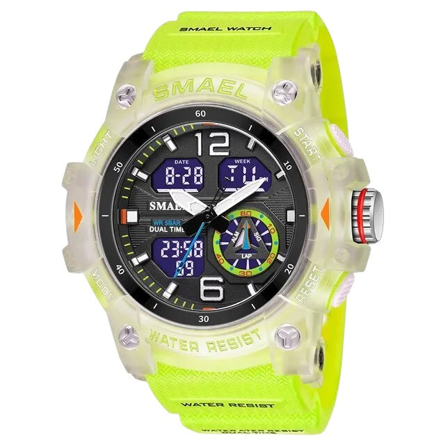Gadget Gate International SMAEL 8007 military sport watch with a neon yellow PU strap and translucent acrylic case.