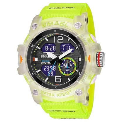Gadget Gate International SMAEL 8007 military sport watch with a neon yellow PU strap and translucent acrylic case.