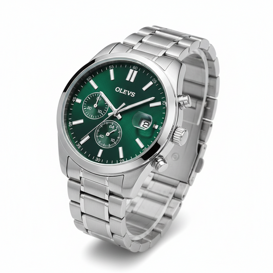 OLEVS 5885 men’s green dial quartz watch with stainless steel bracelet