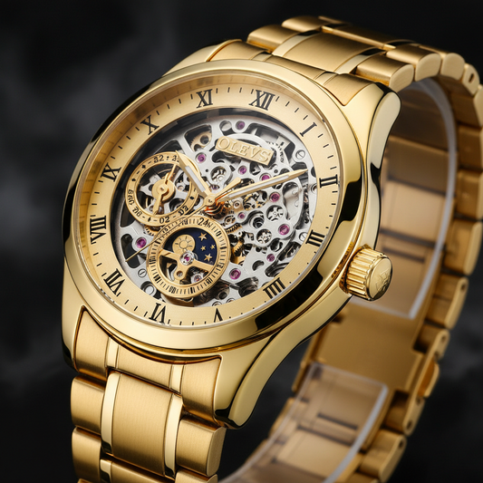 OLEVS Men's Watches Top Brand Luxury Original Waterproof Quartz Watch for Man Gold Skeleton Style 24 Hour Day Night New