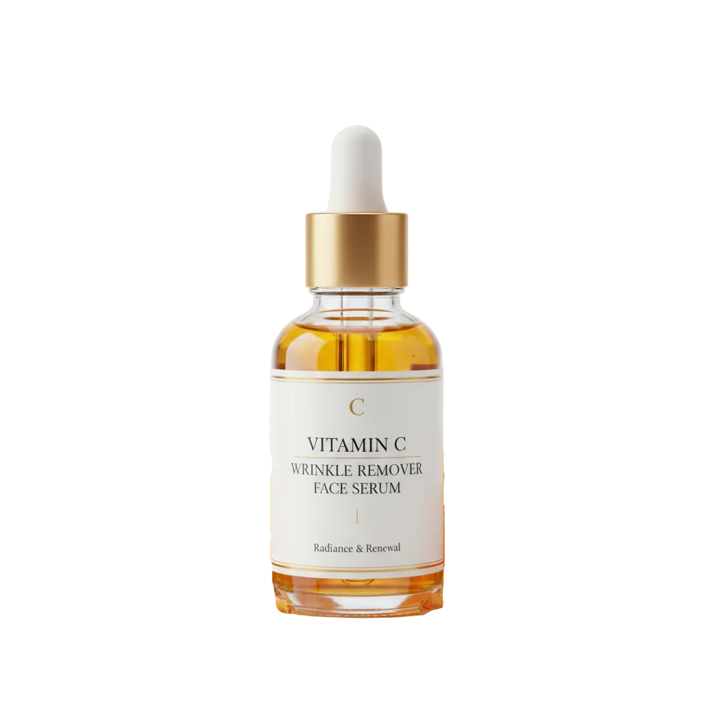 A glass dropper bottle of Vitamin C Wrinkle Remover Face Serum with a white label and gold collar.